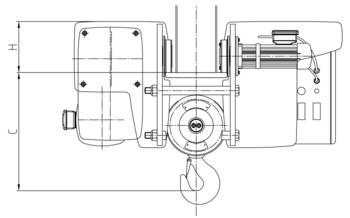 Technisch overzicht van de ABUS GM-elektrische takels met modellen, draagvermogenen en afmetingen.