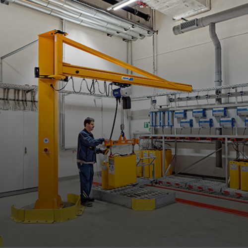 ABUS LS-kolomzwenkkraan voor ergonomische materiaalverwerking op de werkplek.